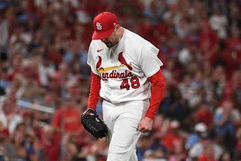 Aug 12, 2022; St. Louis, Missouri, USA; St. Louis Cardinals starting pitcher Jordan Montgomery (48) reacts after recoding the third out against the Milwaukee Brewers in the sixth inning at Busch Stadium. Mandatory Credit: Joe Puetz-USA TODAY Sports