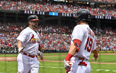 St. Louis Cardinals designated hitter Albert Pujols (5) celebrates with second baseman Tommy Edman (19) after hitting a solo home run. Mandatory Credit: Jeff Curry-USA TODAY Sports