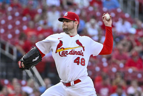 Aug 17, 2022; St. Louis, Missouri, USA; St. Louis Cardinals starting pitcher Jordan Montgomery (48) pitches against the Colorado Rockies during the first inning at Busch Stadium. Mandatory Credit: Jeff Curry-USA TODAY Sports