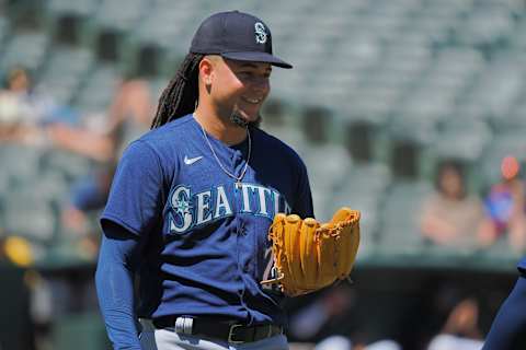 Seattle Mariners starting pitcher Luis Castillo (21) smiles as a call is reviewed. Mandatory Credit: Kelley L Cox-USA TODAY Sports