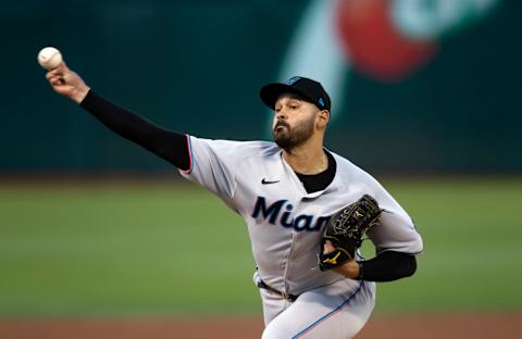 Miami Marlins starting pitcher Pablo Lopez (49) delivers a pitch against the Oakland Athletics. Mandatory Credit: D. Ross Cameron-USA TODAY Sports