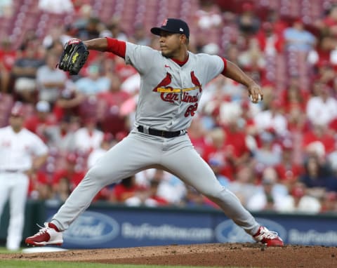 Aug 31, 2022; Cincinnati, Ohio, USA; St. Louis Cardinals starting pitcher Jose Quintana (62) throws a pitch against the Cincinnati Reds during the first inning at Great American Ball Park. Mandatory Credit: David Kohl-USA TODAY Sports