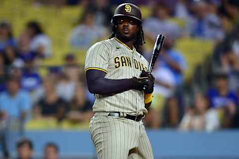 San Diego Padres first baseman Josh Bell (24) reacts after striking out. Mandatory Credit: Gary A. Vasquez-USA TODAY Sports