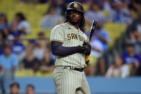 San Diego Padres first baseman Josh Bell (24) reacts after striking out. Mandatory Credit: Gary A. Vasquez-USA TODAY Sports