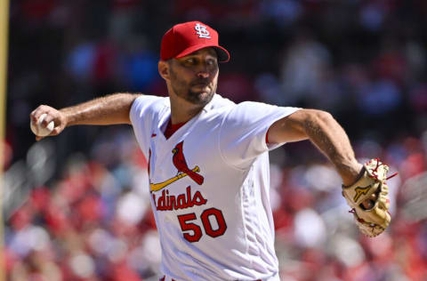 Sep 8, 2022; St. Louis, Missouri, USA; St. Louis Cardinals starting pitcher Adam Wainwright (50) pitches against the Washington Nationals during the fifth inning at Busch Stadium. Mandatory Credit: Jeff Curry-USA TODAY Sports