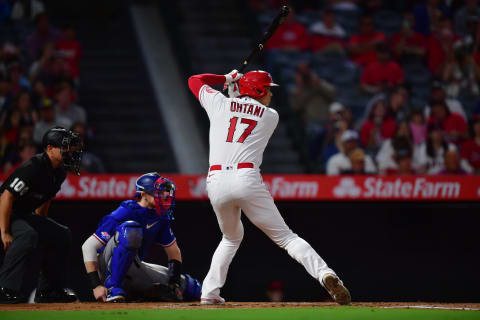 Sep 30, 2022; Anaheim, California, USA; Los Angeles Angels designated hitter Shohei Ohtani (17) at bat against the Texas Rangers during the first inning at Angel Stadium. Mandatory Credit: Gary A. Vasquez-USA TODAY Sports