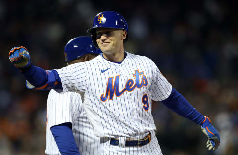 Oct 8, 2022; New York City, New York, USA; New York Mets center fielder Brandon Nimmo (9) reacts after hitting a RBI single in the fourth inning during game two of the Wild Card series against the San Diego Padres for the 2022 MLB Playoffs at Citi Field. Mandatory Credit: Brad Penner-USA TODAY Sports