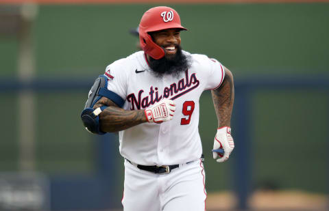 Mar 8, 2020; West Palm Beach, Florida, USA; Washington Nationals first baseman Eric Thames (9) heads back to the dugout after flying out to deep right field in the third inning at FITTEAM Ballpark of the Palm Beaches. Mandatory Credit: Jim Rassol-USA TODAY Sports