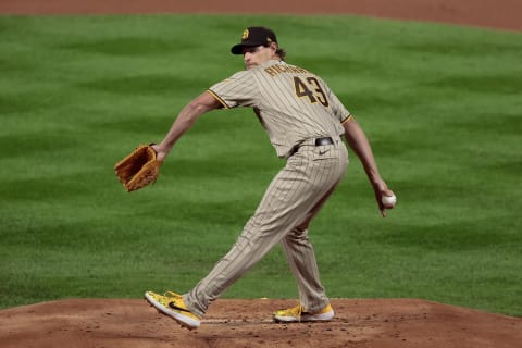 Aug 31, 2020; Denver, Colorado, USA; San Diego Padres starting pitcher Garrett Richards (43) pitches in the first inning against the Colorado Rockies at Coors Field. Mandatory Credit: Isaiah J. Downing-USA TODAY Sports