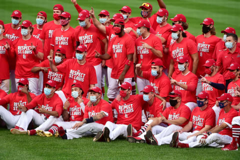 Sep 27, 2020; St. Louis, Missouri, USA; St. Louis Cardinals pose for a photo on the field after they clinched a postseason spot after defeating the Milwaukee Brewers at Busch Stadium. Mandatory Credit: Jeff Curry-USA TODAY Sports