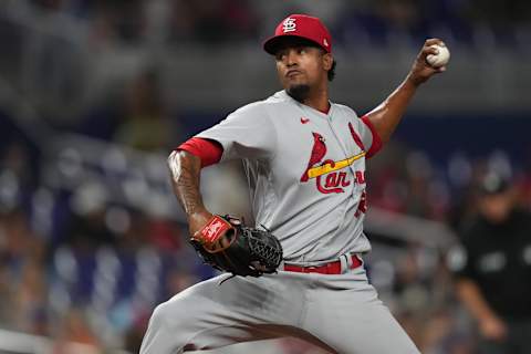 Apr 20, 2022; Miami, Florida, USA; St. Louis Cardinals relief pitcher Genesis Cabrera (92) delivers a pitch in the eighth inning of the game against the Miami Marlins at loanDepot park. Mandatory Credit: Jasen Vinlove-USA TODAY Sports