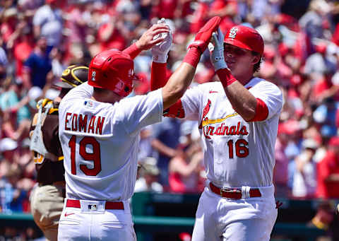 May 30, 2022; St. Louis, Missouri, USA; St. Louis Cardinals second baseman Nolan Gorman (16) celebrates with shortstop Tommy Edman (19) after hitting a two run home run against the San Diego Padres during the third inning at Busch Stadium. Mandatory Credit: Jeff Curry-USA TODAY Sports