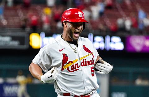 May 31, 2022; St. Louis, Missouri, USA; St. Louis Cardinals designated hitter Albert Pujols (5) reacts after hitting a walk-off sacrifice fly against the San Diego Padres during the tenth inning at Busch Stadium. Mandatory Credit: Jeff Curry-USA TODAY Sports