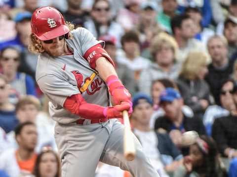 Jun 5, 2022; Chicago, Illinois, USA; St. Louis Cardinals centerfielder Harrison Bader (48) hits a single in the fourth inning against the Chicago Cubs at Wrigley Field. Mandatory Credit: Benny Sieu-USA TODAY Sports