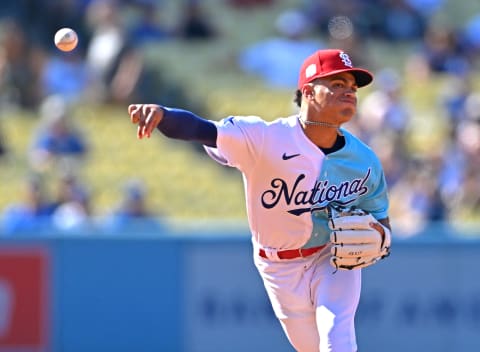 National League Futures shortstop Masyn Winn (1) makes an out in the second inning of the All Star-Futures Game at Dodger Stadium. Mandatory Credit: Jayne Kamin-Oncea-USA TODAY Sports