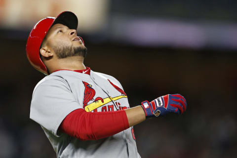 Apr 14, 2017; Bronx, NY, USA; St. Louis Cardinals third baseman Jhonny Peralta (27) reacts to flying out against the New York Yankees during the ninth inning at Yankee Stadium. Mandatory Credit: Adam Hunger-USA TODAY Sports