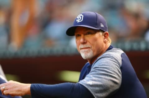 Apr 25, 2017; Phoenix, AZ, USA; San Diego Padres bench coach Mark McGwire against the Arizona Diamondbacks at Chase Field. Mandatory Credit: Mark J. Rebilas-USA TODAY Sports