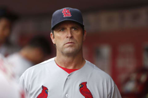 Jun 5, 2017; Cincinnati, OH, USA; St. Louis Cardinals manager Mike Matheny watches from the dugout at the beginning of a game against the Cincinnati Reds at Great American Ball Park. Mandatory Credit: David Kohl-USA TODAY Sports