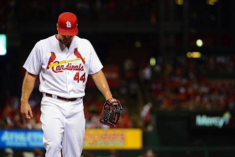 Jun 15, 2016; St. Louis, MO, USA; St. Louis Cardinals relief pitcher Trevor Rosenthal (44) walks off the field after being removed from the game during the ninth inning against the Houston Astros at Busch Stadium. The Astros won 4-1. Mandatory Credit: Jeff Curry-USA TODAY Sport