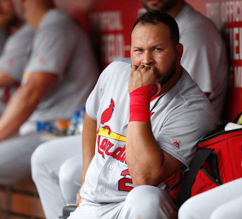 Aug 4, 2016; Cincinnati, OH, USA; St. Louis Cardinals shortstop Jhonny Peralta watches from the dugout during the second inning against the Cincinnati Reds at Great American Ball Park. Mandatory Credit: David Kohl-USA TODAY Sports