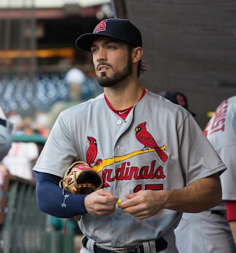 Aug 20, 2016; Philadelphia, PA, USA; St. Louis Cardinals center fielder Randal Grichuk (15) before action against the Philadelphia Phillies at Citizens Bank Park. Mandatory Credit: Bill Streicher-USA TODAY Sports