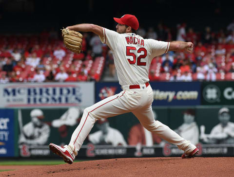 Oct 1, 2016; St. Louis, MO, USA; St. Louis Cardinals starting pitcher Mchael Wacha (52) delivers a pitch against the Pittsburgh Pirates at Busch Stadium. Mandatory Credit: Scott Rovak-USA TODAY Sports