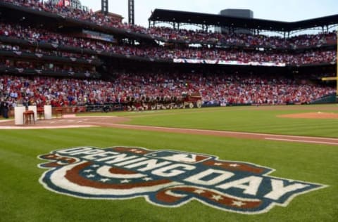 Apr 2, 2017; St. Louis, MO, USA; The Anheuser Busch Clydesdales run on the warning track prior opening night between the Chicago Cubs and the St. Louis Cardinals at Busch Stadium. The Cardinals won 4-3. Mandatory Credit: Jeff Curry-USA TODAY Sports