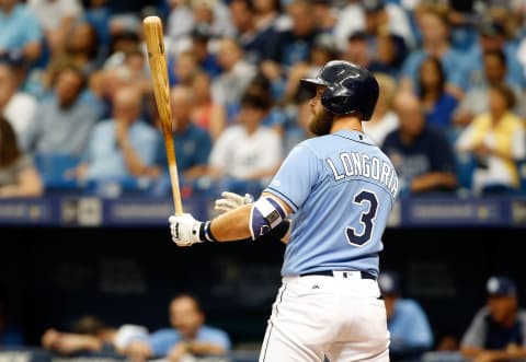 Apr 2, 2017; St. Petersburg, FL, USA; Tampa Bay Rays third baseman Evan Longori (3) at bat against the New York Yankees at Tropicana Field. Mandatory Credit: Kim Klement-USA TODAY Sports