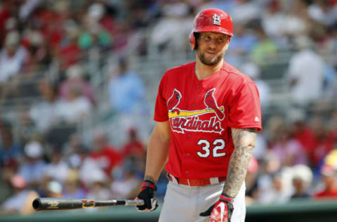 Feb 27, 2017; Fort Myers, FL, USA; St. Louis Cardinals first baseman Matt Adams (32) smiles as he comes up to bat during the fifth inning against the Boston Red Sox at JetBlue Park. Mandatory Credit: Kim Klement-USA TODAY Sports