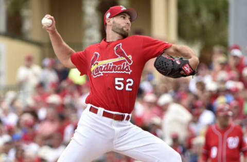 Mar 8, 2017; Jupiter, FL, USA; St. Louis Cardinals starting pitcher Michael Wacha (52) delivers a pitch during a spring training game against the Washington Nationals at Roger Dean Stadium. Mandatory Credit: Steve Mitchell-USA TODAY Sports