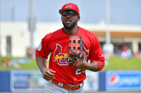 Mar 24, 2017; West Palm Beach, FL, USA; St. Louis Cardinals center fielder Dexter Fowler (25) runs to the dugout prior to the spring training game against the Washington Nationals at The Ballpark of the Palm Beaches. Mandatory Credit: Jasen Vinlove-USA TODAY Sports