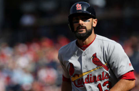 Apr 12, 2017; Washington, DC, USA; St. Louis Cardinals third baseman Matt Carpenter (13) reacts after scoring a run against the Washington Nationals in the first inning at Nationals Park. Mandatory Credit: Geoff Burke-USA TODAY Sports