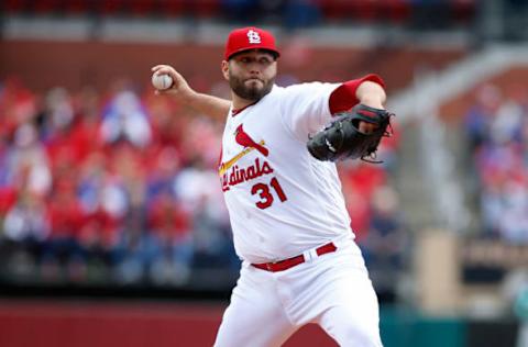 Apr 6, 2017; St. Louis, MO, USA; St. Louis Cardinals starting pitcher Lance Lynn (31) pitches against the Chicago Cubs in the third inning at Busch Stadium. Mandatory Credit: Scott Kane-USA TODAY Sports