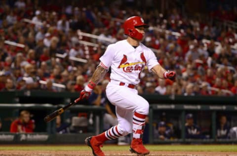 May 2, 2017; St. Louis, MO, USA; St. Louis Cardinals second baseman Kolten Wong (16) hits a one run single off of Milwaukee Brewers relief pitcher Jacob Barnes (not pictured) during the sixth inning at Busch Stadium. Mandatory Credit: Jeff Curry-USA TODAY Sports