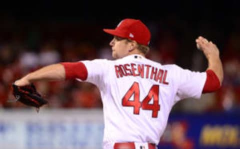 May 2, 2017; St. Louis, MO, USA; St. Louis Cardinals relief pitcher Trevor Rosenthal (44) pitches during the ninth inning against the Milwaukee Brewers at Busch Stadium. Mandatory Credit: Jeff Curry-USA TODAY Sports