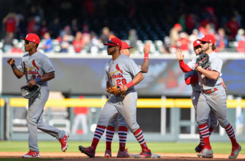 May 7, 2017; Atlanta, GA, USA; St. Louis Cardinals center fielder Tommy Pham (28) reacts with team mates after defeating the Atlanta Braves in fourteen innings at SunTrust Park. Mandatory Credit: Dale Zanine-USA TODAY Sports