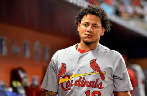 May 8, 2017; Miami, FL, USA; St. Louis Cardinals starting pitcher Carlos Martinez (18) looks on from the dugout in the game against the Miami Marlins at Marlins Park. Mandatory Credit: Jasen Vinlove-USA TODAY Sports