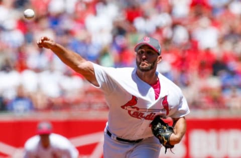 May 14, 2017; St. Louis, MO, USA; St. Louis Cardinals starting pitcher Adam Wainwright (50) pitches during the third inning against the Chicago Cubs at Busch Stadium. Mandatory Credit: Scott Kane-USA TODAY Sports