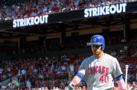 May 14, 2017; St. Louis, MO, USA; Chicago Cubs catcher Willson Contreras (40) walks to the dugout after striking out during the ninth inning against the St. Louis Cardinals at Busch Stadium. Mandatory Credit: Scott Kane-USA TODAY Sports