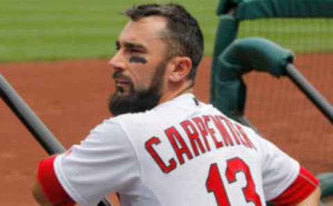 Apr 19, 2017; St. Louis, MO, USA; St. Louis Cardinals third baseman Matt Carpenter (13) watches from the dugout steps during the third inning against the Pittsburgh Pirates at Busch Stadium. Mandatory Credit: Scott Kane-USA TODAY Sports