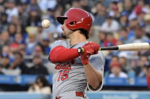 May 24, 2017; Los Angeles, CA, USA; St. Louis Cardinals left fielder Randal Grichuk (15) bats in the second inning against the Los Angeles Dodgers at Dodger Stadium. Mandatory Credit: Kirby Lee-USA TODAY Sports