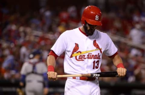 May 30, 2017; St. Louis, MO, USA; St. Louis Cardinals first baseman Matt Carpenter (13) reacts after striking out to end the seventh inning against the Los Angeles Dodgers at Busch Stadium. Mandatory Credit: Jeff Curry-USA TODAY Sports