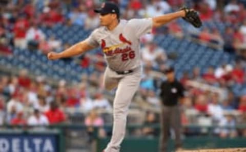 Apr 12, 2017; Washington, DC, USA; St. Louis Cardinals relief pitcher Seung-Hwan Oh (26) pitches against the Washington Nationals at Nationals Park. Mandatory Credit: Geoff Burke-USA TODAY Sports