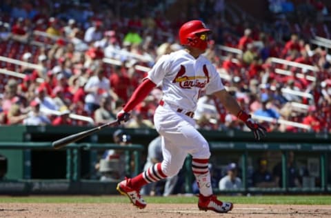 Jun 13, 2017; St. Louis, MO, USA; St. Louis Cardinals second baseman Kolten Wong (16) hits a one run double off of Milwaukee Brewers relief pitcher Wily Peralta (not pictured) during the sixth inning at Busch Stadium. Mandatory Credit: Jeff Curry-USA TODAY Sports