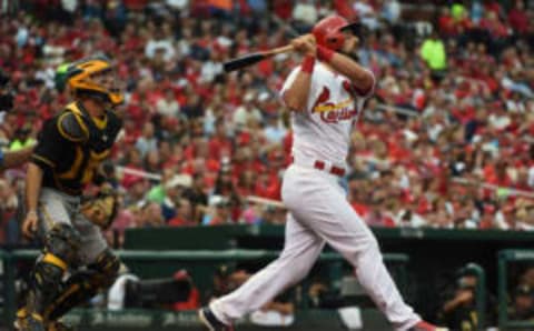 Oct 2, 2016; St. Louis, MO, USA; St. Louis Cardinals first baseman Matt Carpenter (13) hits a three run home run off of Pittsburgh Pirates relief pitcher Antonio Bastardo (not pictured) during the sixth inning at Busch Stadium. Mandatory Credit: Jeff Curry-USA TODAY Sports