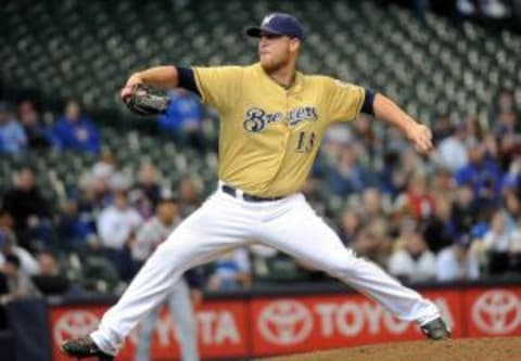 Apr 2, 2014; Milwaukee, WI, USA; Milwaukee Brewers pitcher Will Smith (13) pitches in the ninth inning against the Atlanta Braves at Miller Park. Mandatory Credit: Benny Sieu-USA TODAY Sports