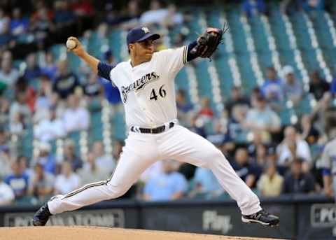 May 21, 2013; Milwaukee, WI, USA; Milwaukee Brewers pitcher Hiram Burgos pitches in the 1st inning against the Los Angeles Dodgers at Miller Park. Mandatory Credit: Benny Sieu-USA TODAY Sports