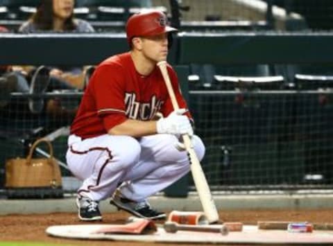 Aug 12, 2015; Phoenix, AZ, USA; Arizona Diamondbacks infielder Aaron Hill against the Philadelphia Phillies at Chase Field. Mandatory Credit: Mark J. Rebilas-USA TODAY Sports