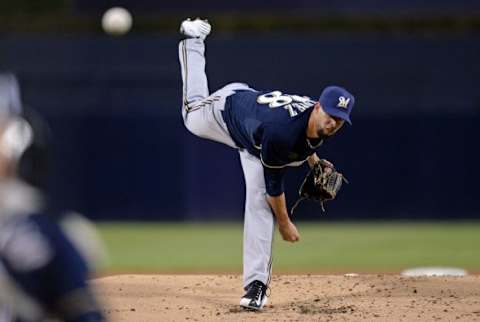 Sep 29, 2015; San Diego, CA, USA; Milwaukee Brewers starting pitcher Jorge Lopez (28) pitches during the first inning against the San Diego Padres at Petco Park. Mandatory Credit: Jake Roth-USA TODAY Sports