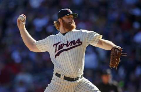 Oct 3, 2015; Minneapolis, MN, USA; Minnesota Twins relief pitcher Blaine Boyer (36) pitches to the Kansas City Royals in the seventh inning at Target Field. The Royals win 5-1. Mandatory Credit: Bruce Kluckhohn-USA TODAY Sports